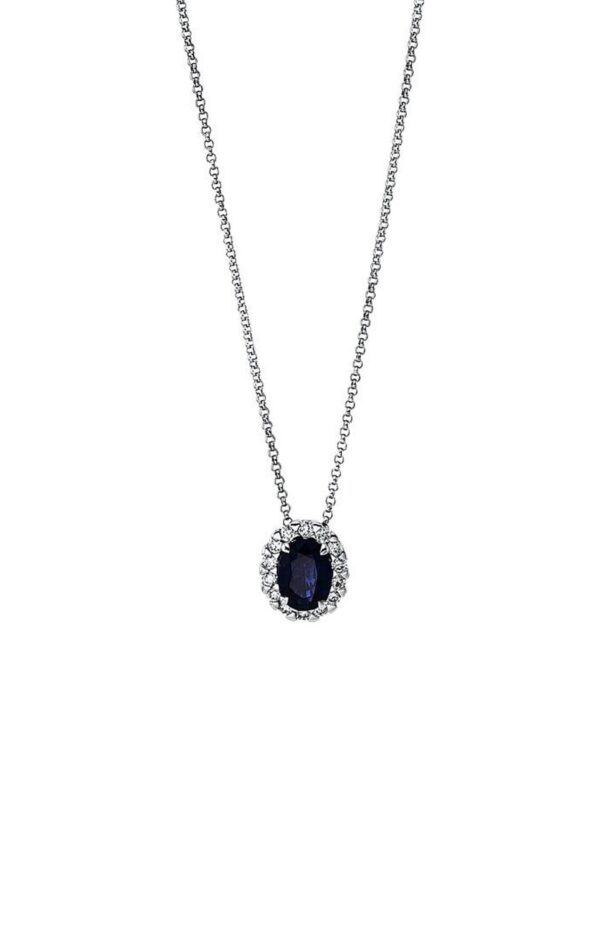 Necklace 18 Kt Wg, 14 Diamonds 0,20 Ct, G-Si, 1 Sapphire 0,93 Ct Blue