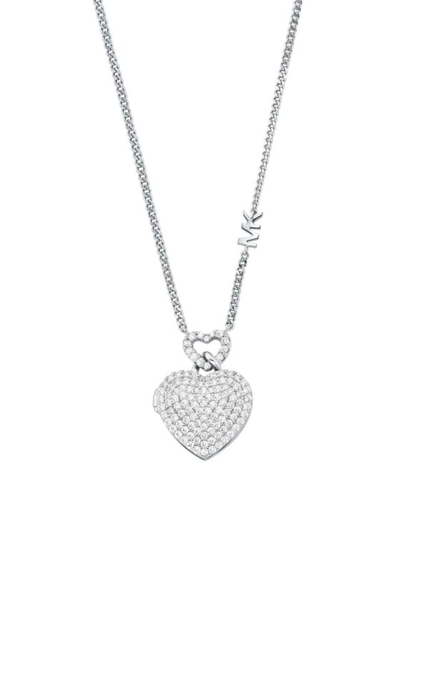 Michael Kors Premium Sterling Silver Pave Heart Locket Ladies` Necklace