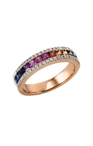 Ring 18 Kt Rg, 50 Diamonds 0,23 Ct, G-Si, 13 Sapphire 0,92 Ct Multicolor